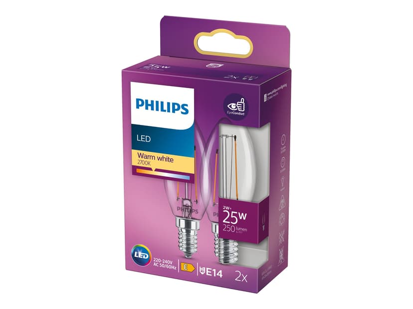 Philips LED E14 Candle Clear 2W (25W) 250 Lumen 2-Pack