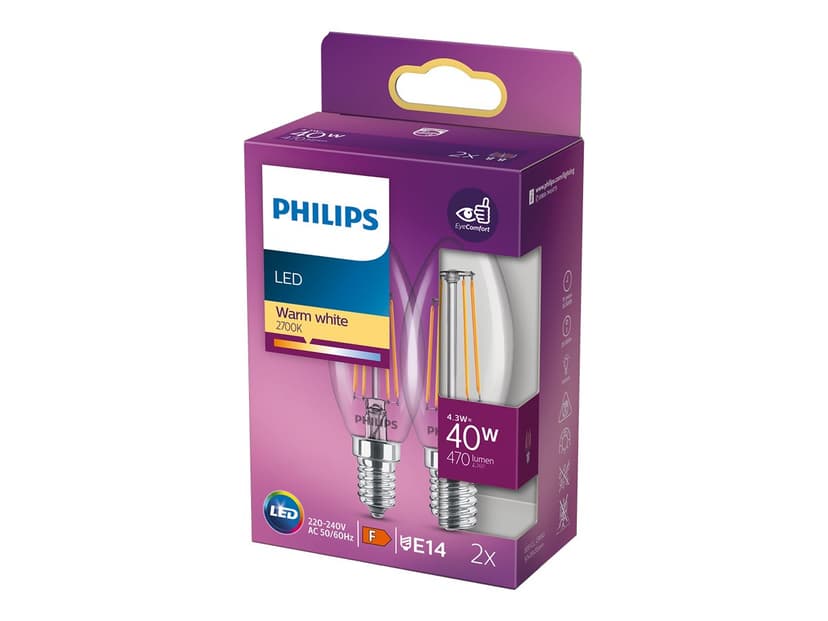 Philips LED E14 Candle Clear 3.4W (40W) 470 Lumen 2-Pack
