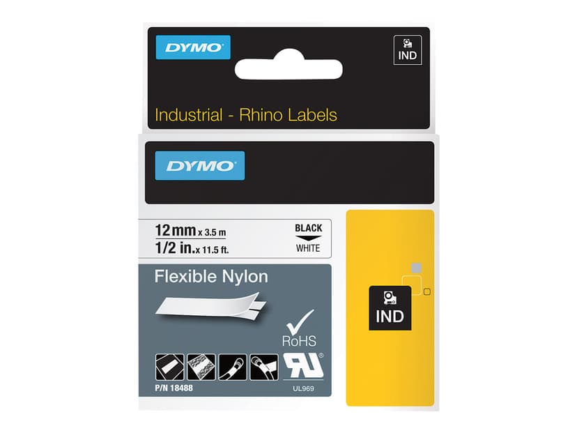 Dymo Tape RhinoPRO Joustava Nylon 12mm Musta/Valkoinen