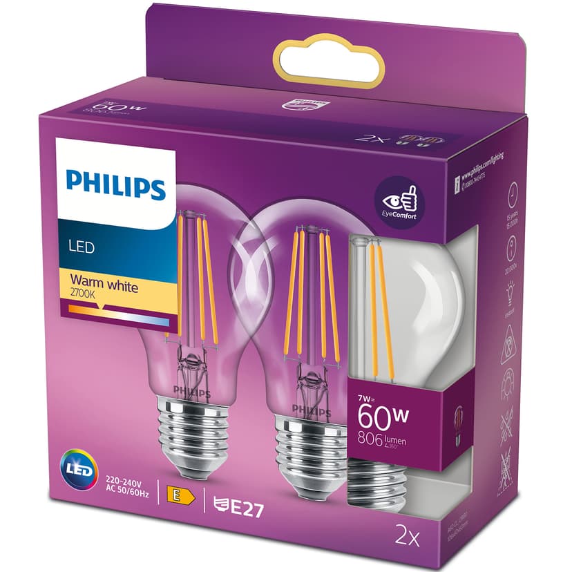 Philips LED E27 Klot Klar 7W (60W) 806 Lumen 2-Pack