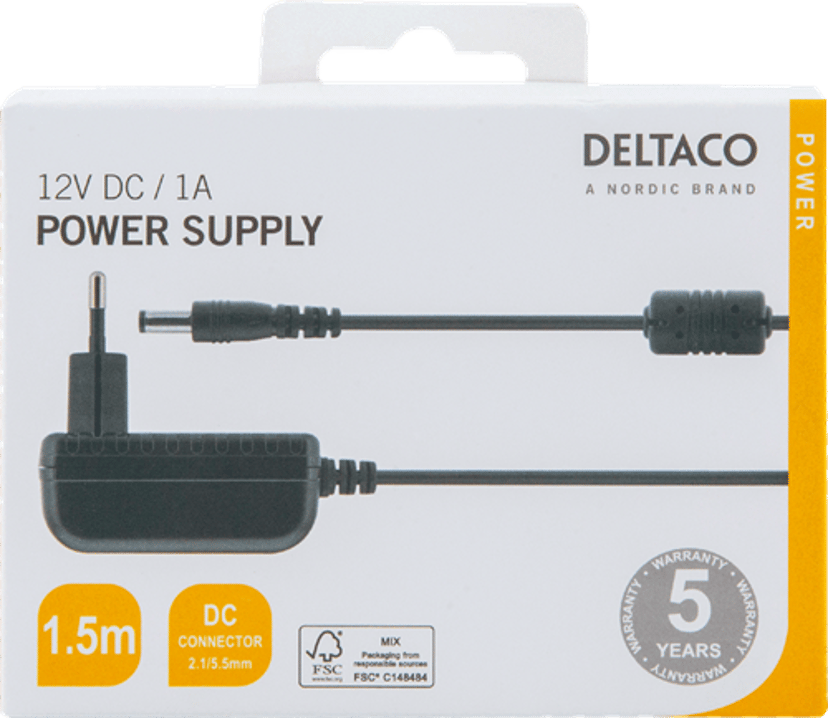 Deltaco Power Supply 100-240V To 12V 1A Black 12V 1A