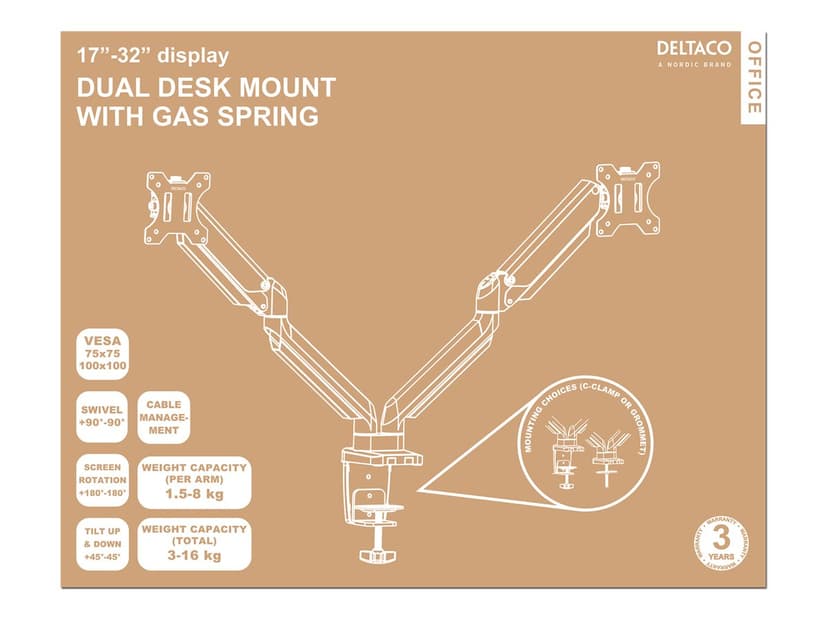 Deltaco Fäste Dual Desk Gas Spring 17-32" 1,5-8kg Med 75x75/100x100 VESA