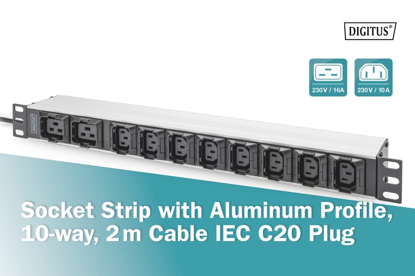 Digitus Socket Strip With Aluminium Profile 8xC13/2xC19 16A 2m Cabel IEC C20