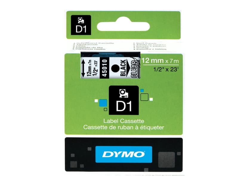 Dymo Tape D1 12mm Musta/Läpinäkyvä