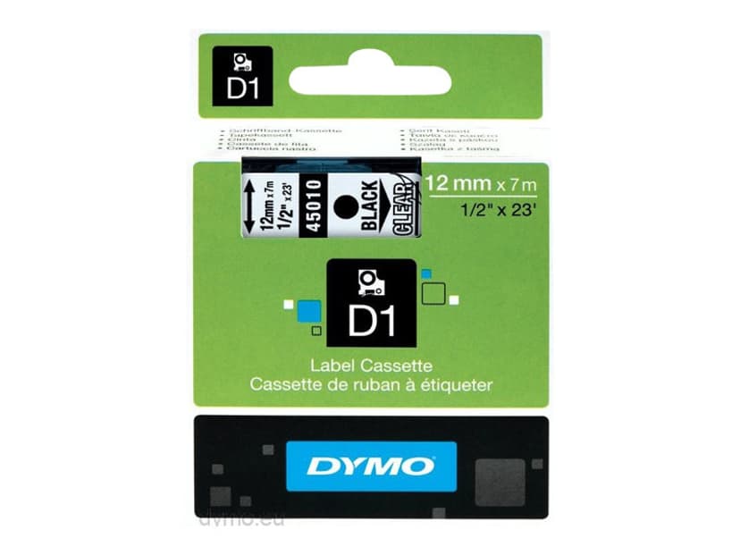 Dymo Tape D1 12mm Musta/Läpinäkyvä