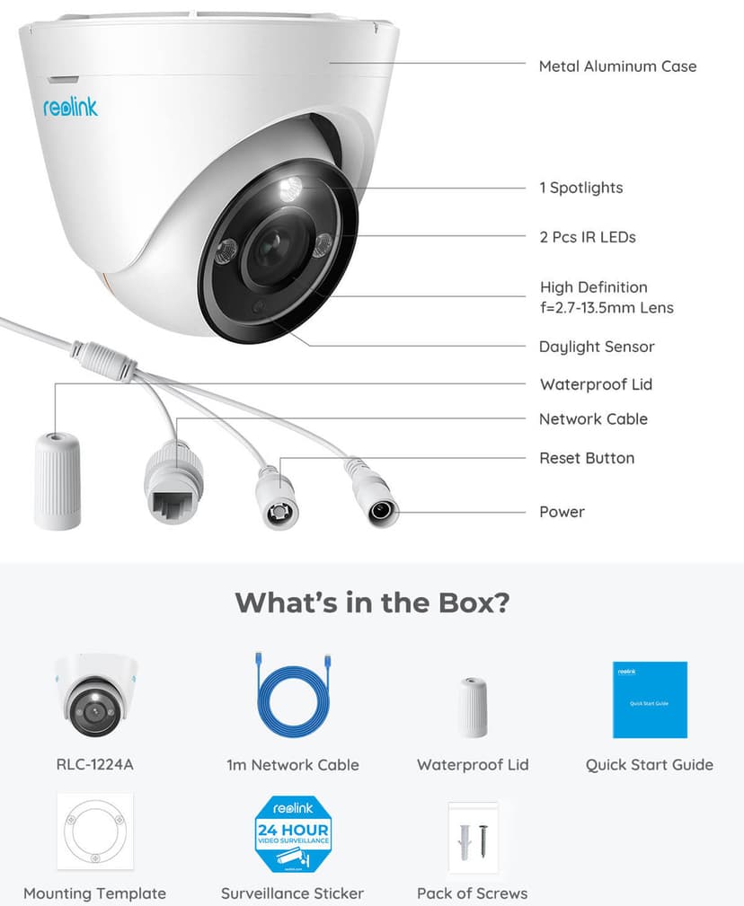 Reolink Rlc-1224a Easy Dome IP Security Camera, Power Over E