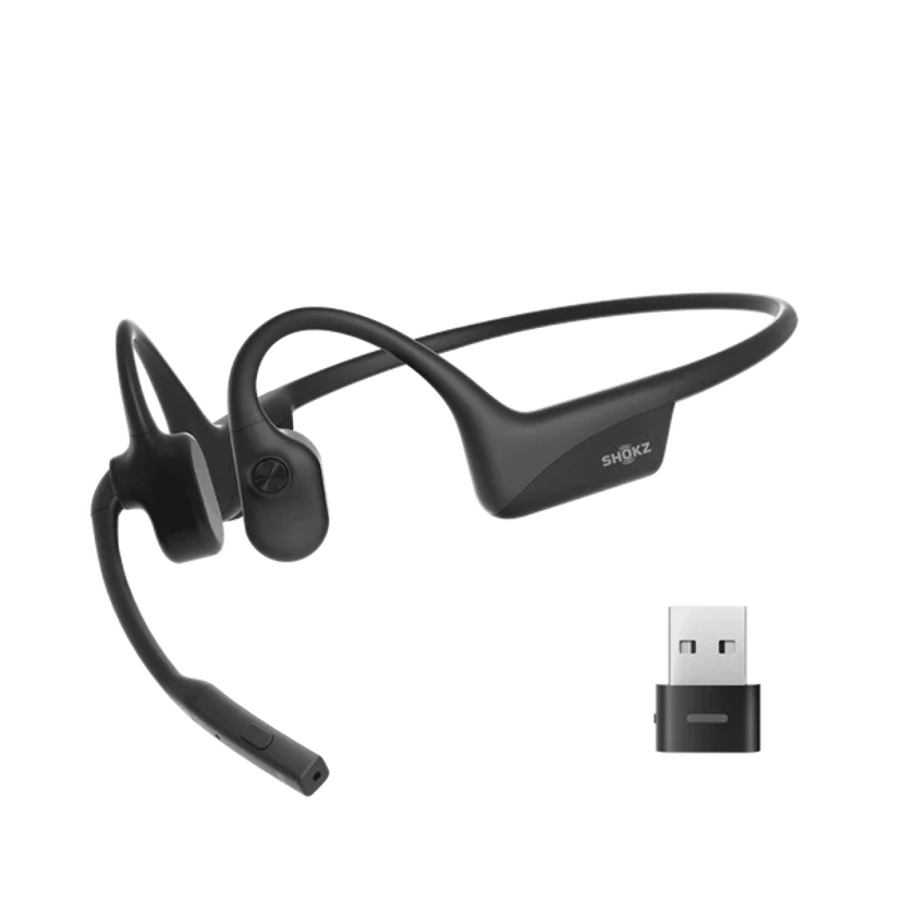 AfterShokz OpenComm2 UC USB-A Kuuloke + mikrofoni USB-A Bluetooth-sovittimen kautta Zoom Stereo Musta