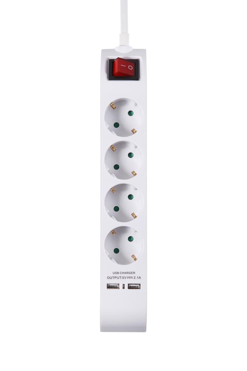 Prokord Power Strip 4X Socket 2xUSB 2.1 mAh 1.5m - White 4st 2 x 4 pin USB Type A, Ström CEE 7/4