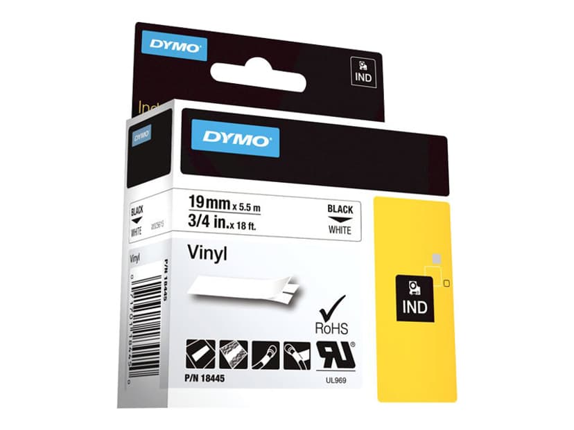Dymo Tape RhinoPRO Perm Vinyl 19mm Svart/Hvit