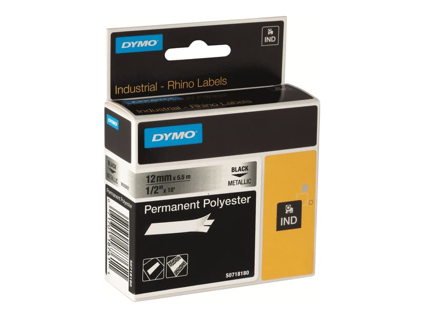Dymo Tape RhinoPRO Permanent Polyesterester 9mm Sort/Metallisk
