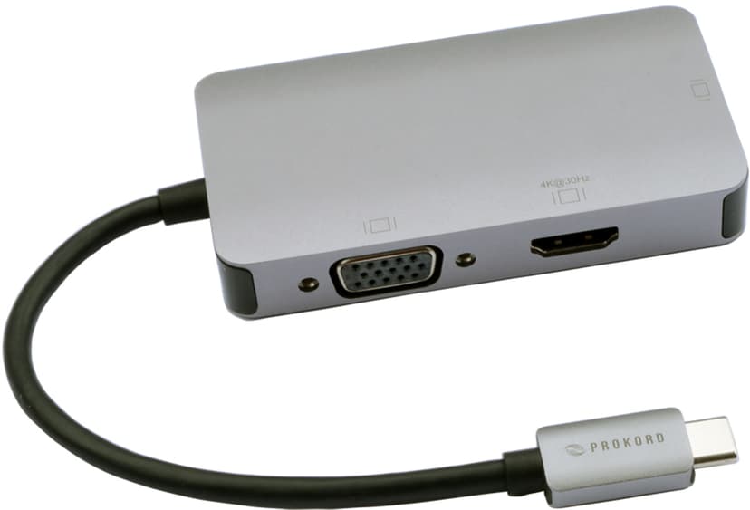 Prokord Travel Port Video USB-C Han DVI-D, HDMI, VGA Hun Sølv