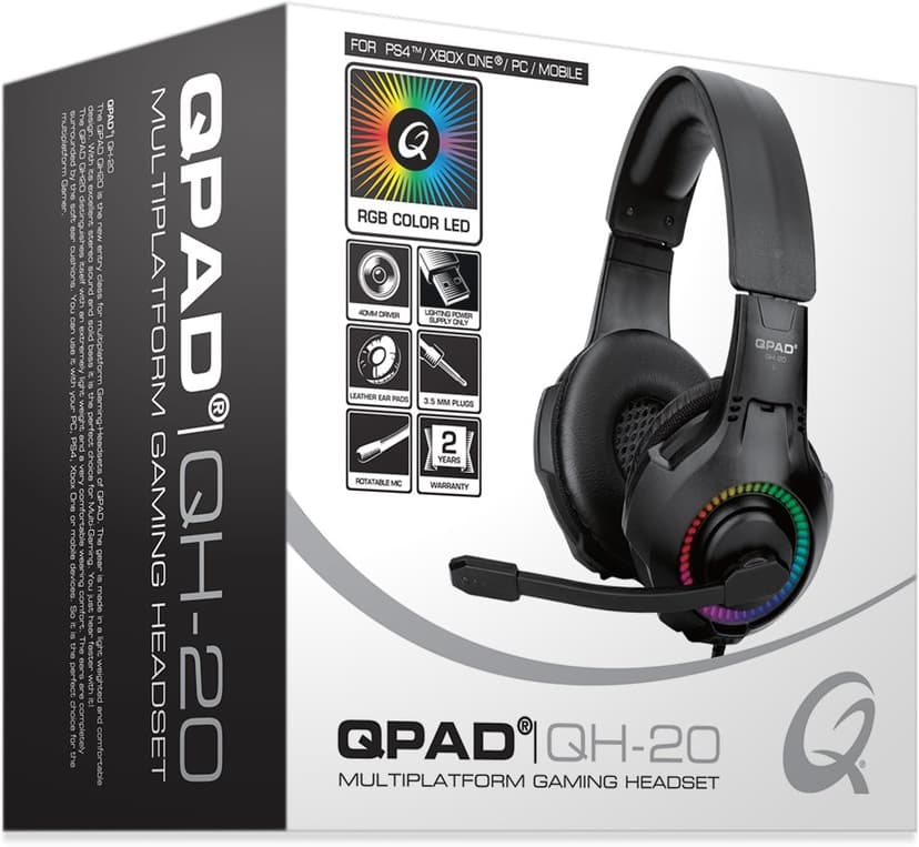 QPAD QH 20 RGB Stereo Gaming Headset Hodesett 3,5 mm jakk, USB Stereo