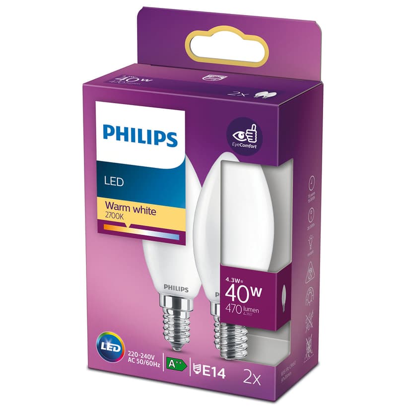 Philips LED E14 Kynttilä Frost 2.2W 470Lm 2-Pakkaus