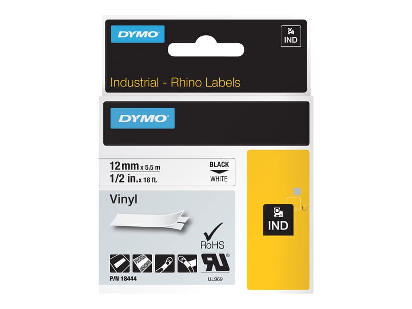 Dymo Tape RhinoPRO Vinyl 12mm Sort/Hvid