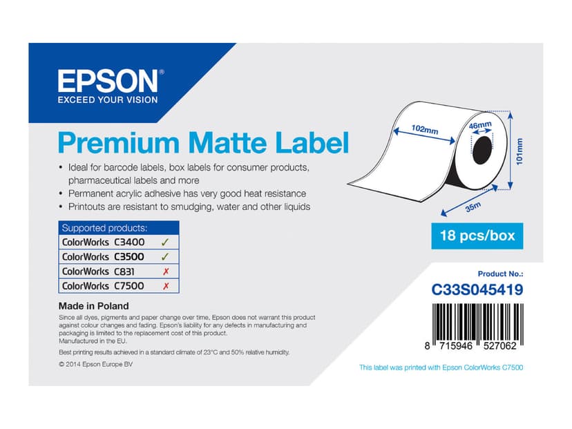 alliance tempo Staple Epson Etiketter Premium Matt Løbende 102 mm x 35 m - TM-C3400/C3500  (C33S045419) | Dustin.dk