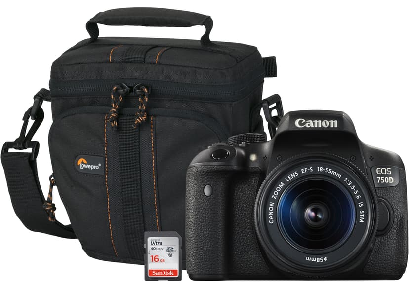 bagagerum Forklaring bogstaveligt talt Canon EOS 750D + EF-S 18-55/3.5-5.6 IS STM + 16GB + Taske (5010824627) |  Dustin.dk