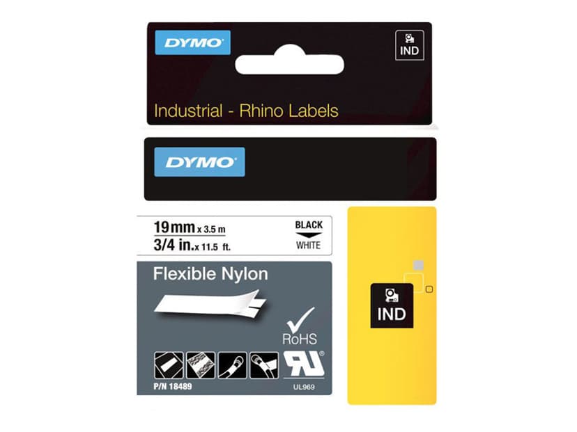 Dymo Tape RhinoPRO Joustava Nylon 19mm Musta/Valkoinen