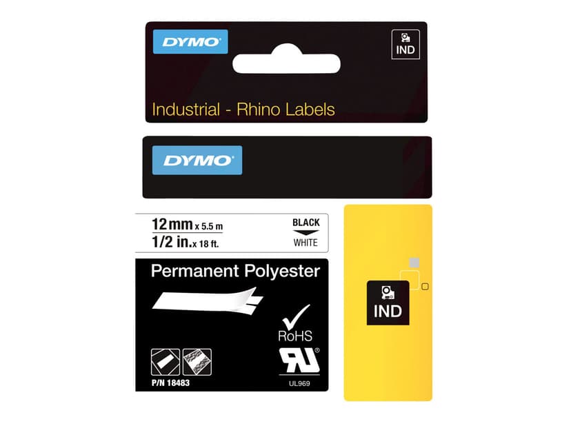 Dymo Tape RhinoPRO Pysyvä Polyesteri 12mm Musta/Valkoinen