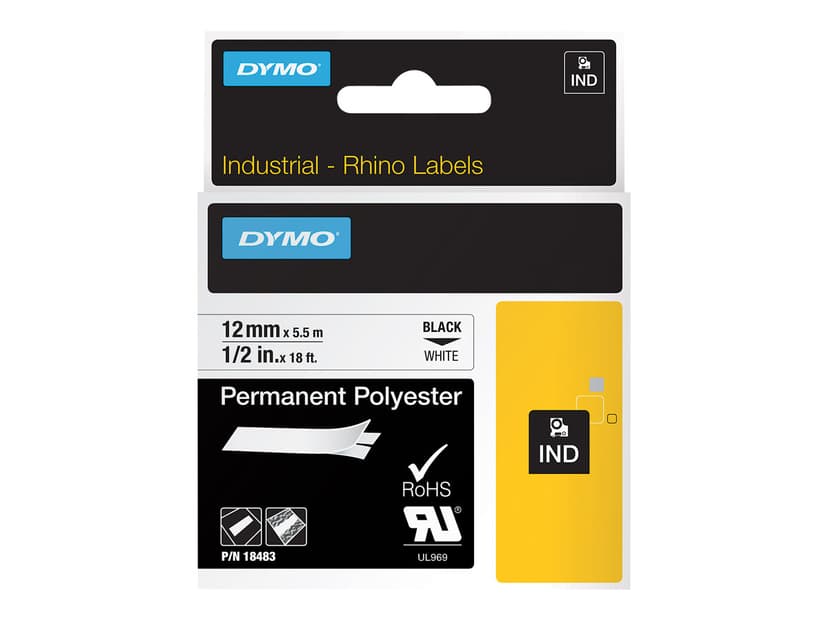 Dymo Tape RhinoPRO Pysyvä Polyesteri 12mm Musta/Valkoinen