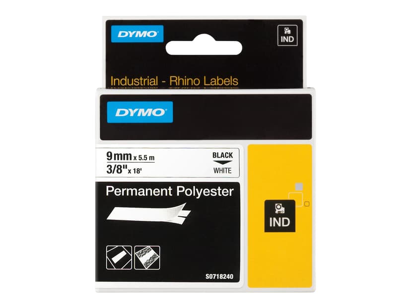 Dymo Tape RhinoPRO Pysyvä Polyesteri 9mm Musta/Valkoinen