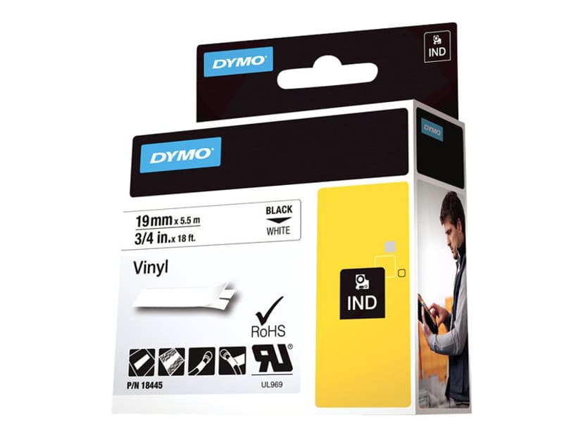 Dymo Tape RhinoPRO Perm Vinyl 19mm Svart/Hvit