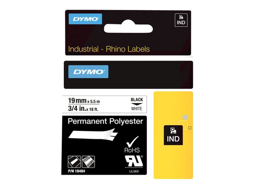 Dymo Tape RhinoPRO Pysyvä Polyesteri 19mm Musta/Valkoinen