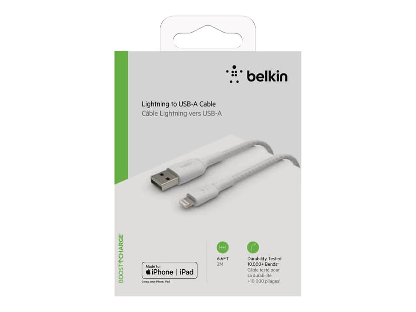 Belkin Lightning Till USB-A Kabel Flätad 2m Vit