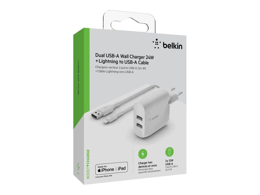 Belkin Dual Wall Charger 24w + USB-A To Lightning Cable 1m Valkoinen