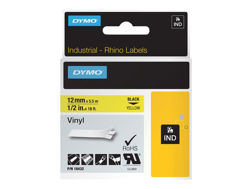 Dymo Tape RhinoPRO Perm Vinyl 12mm Svart/Gul