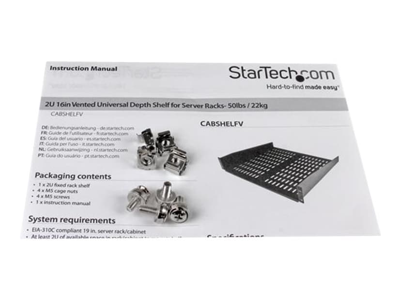 Startech 2U 16in Universal Fixed Vented Rack Mount Cantilever Shelf