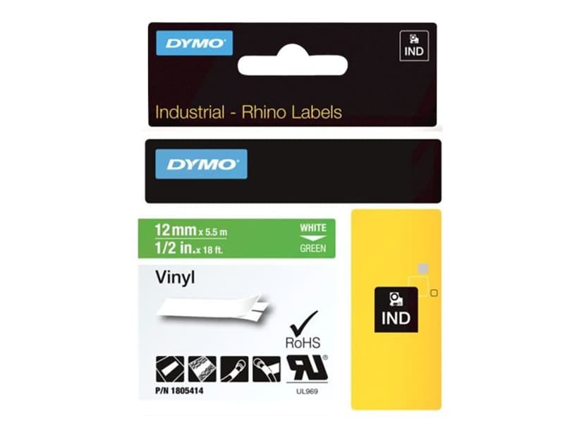 Dymo Tape RhinoPRO Permanent Vinyl 12mm Hvid/Grøn