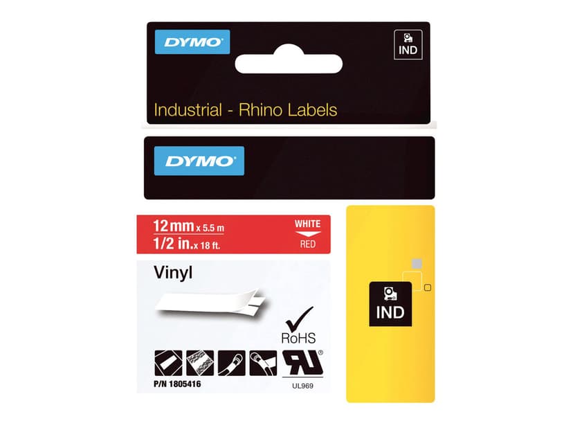 Dymo Tape RhinoPRO Permanent Vinyl 12mm Hvit/Rød