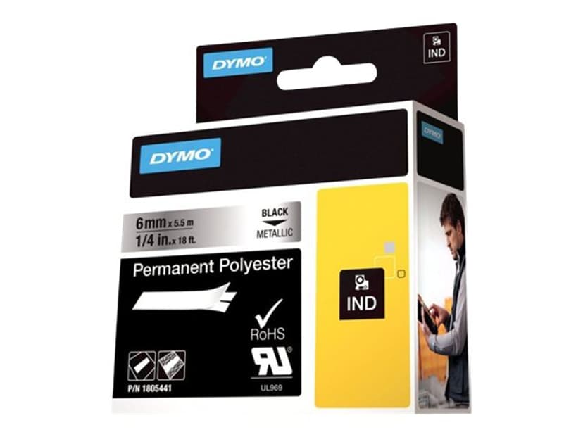 Dymo Tape RhinoPRO Pysyvä Polyesteri 6mm Musta/Metallinen