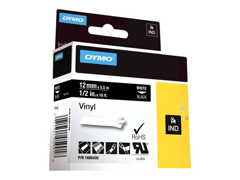 Dymo Tape RhinoPRO Perm Vinyl 12mm Hvit/Svart