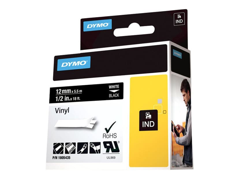 Dymo Tape RhinoPRO Perm Vinyl 12mm Hvit/Svart