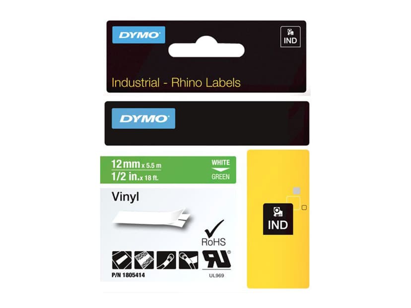Dymo Tape RhinoPRO Permanent Vinyl 12mm Hvid/Grøn