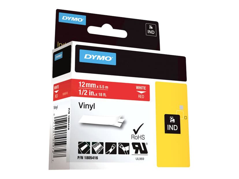 Dymo Tape RhinoPRO Permanent Vinyl 12mm Hvit/Rød