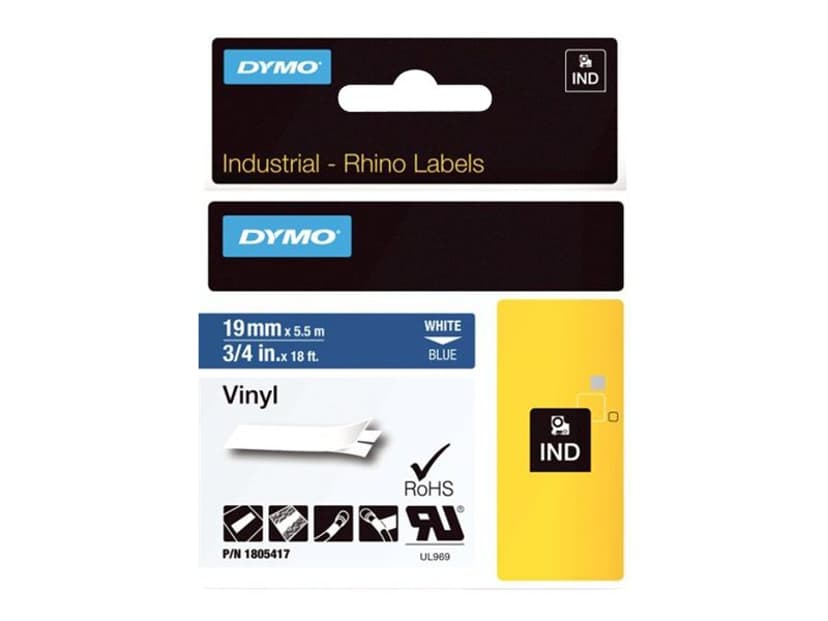 Dymo Tape RhinoPRO Perm Vinyl 19mm Hvid/Blå