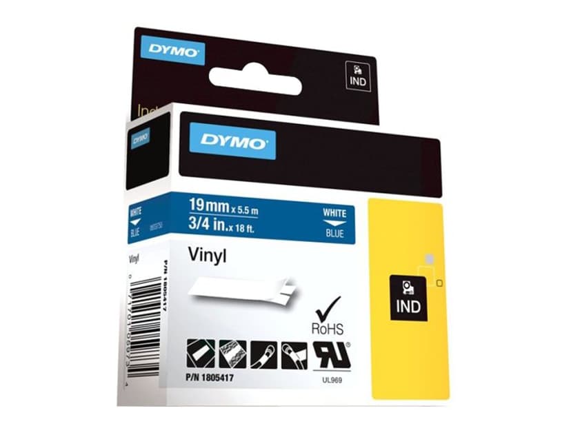 Dymo Tape RhinoPRO Perm Vinyl 19mm Hvid/Blå