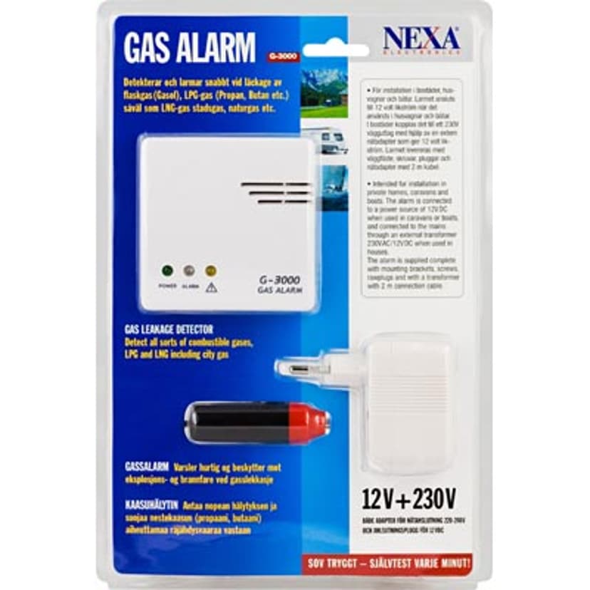 Nexa Gas Detekor, Hot Wire, 12V/Cigg/230V, 85dB Vit