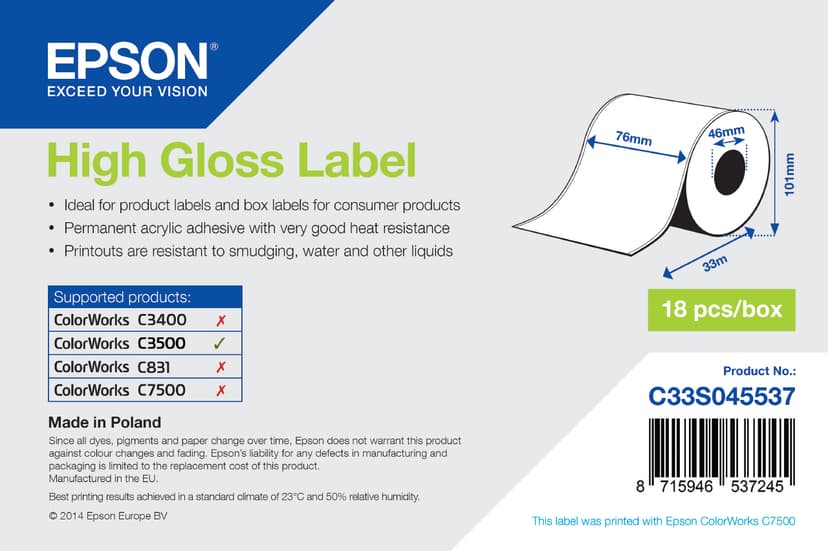Epson Etiketter High Gloss Løpende lengde 76 mm x 33 m – TM-C3500