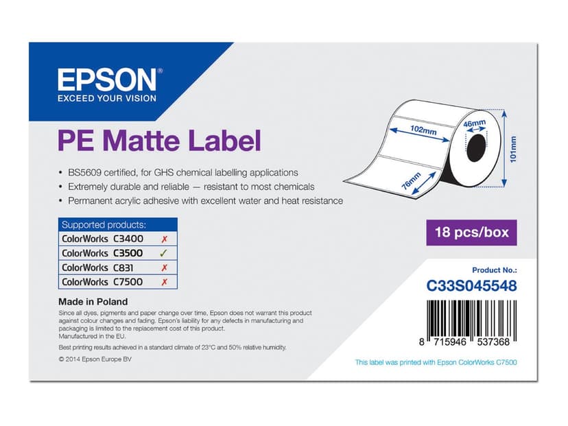 Epson Labels Prem Matt Die-Cut 102mm x 76mm - C3500
