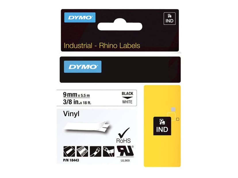 Dymo Tape RhinoPRO Perm Vinyl 9mm Svart/Vit