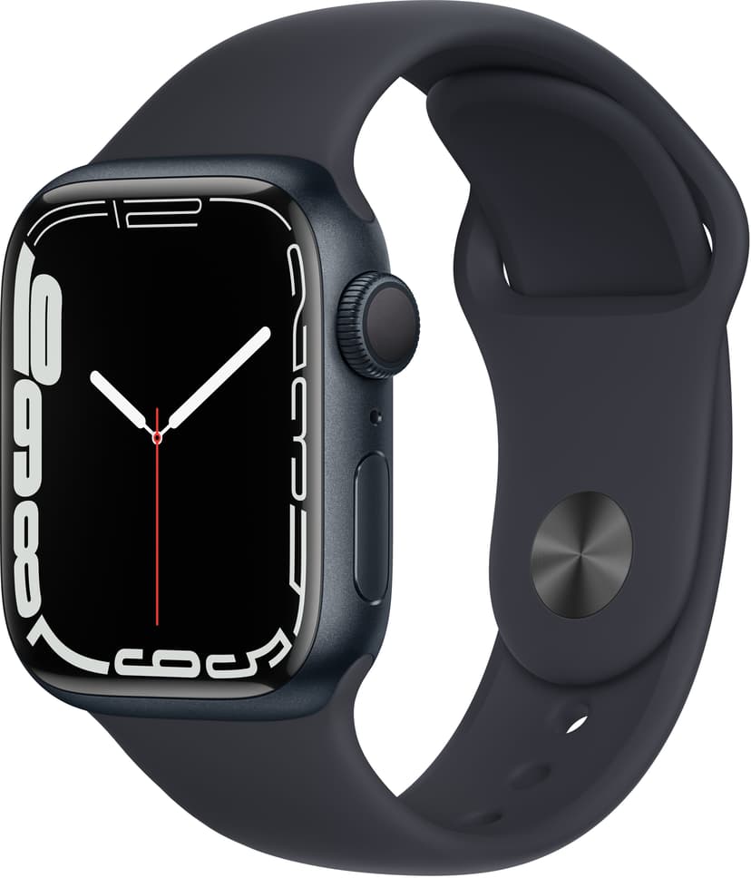 Apple Watch Series 7 GPS, 41 mm urkasse i aluminium i farven midnat med midnat sportsrem