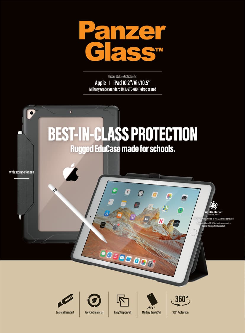 Panzerglass Rugged Flip Cover iPad 7th gen (2019), iPad 8th gen (2020), iPad 9th gen (2021), iPad Air 10,5" Gjennomsiktig, Svart