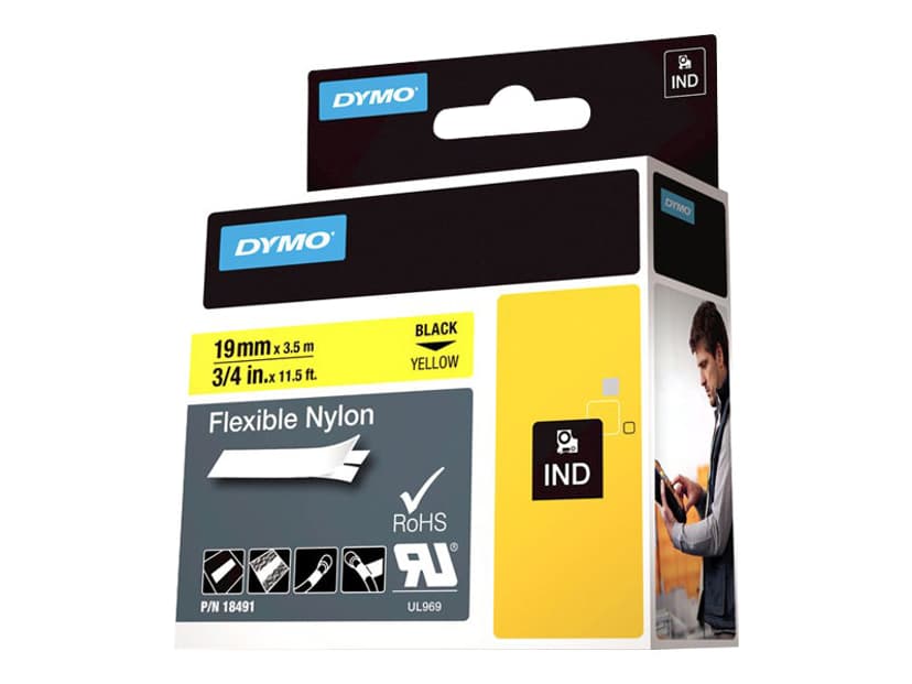 Dymo Tape RhinoPRO Flex Nylon 19mm Sort/Gul