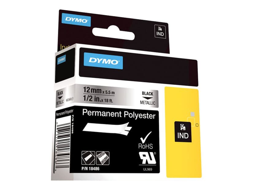 Dymo Tape RhinoPRO Perm Polyester 12mm Sort/Metallic