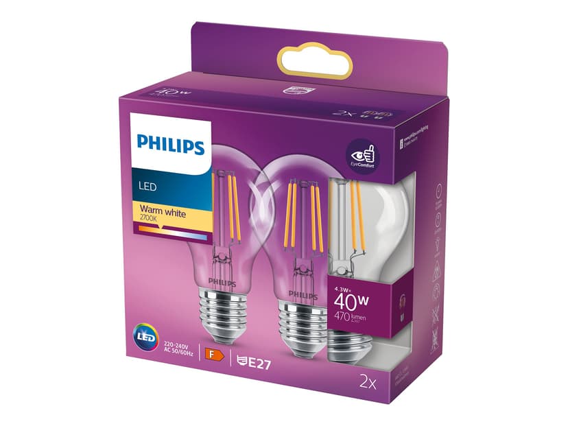 Philips LED E27 Klot Klar 4.3W (40W) 470 Lumen 2-Pack