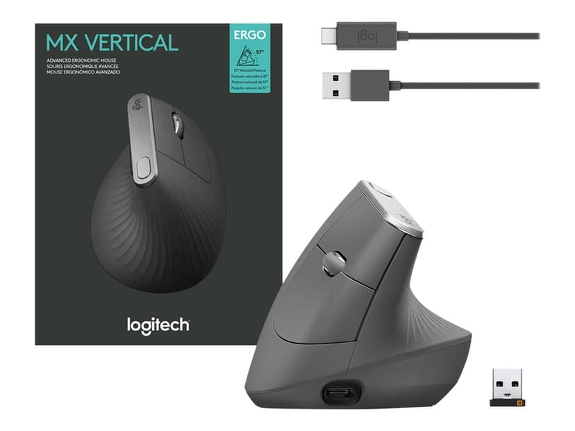Logitech MX Vertical Draadloos, Met bekabeling 4,000dpi Verticale muis Zwart