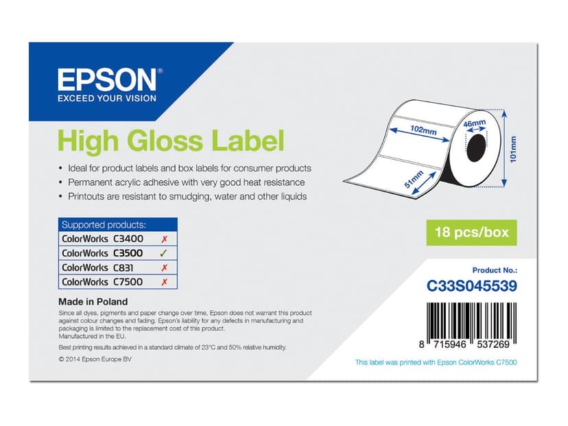 Epson Etiketter High Gloss Die-Cut 102x51mm - TM-C3500